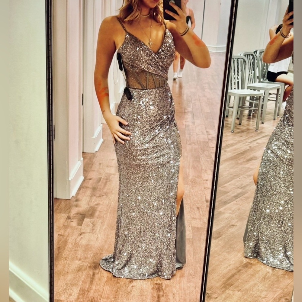 Camille La Vie silver sequin corset slit prom dress